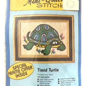 VINTAGE Valiant Mini-Quick Stitches Timid Turtle Needlepoint Kit 5x7 Hand Printe